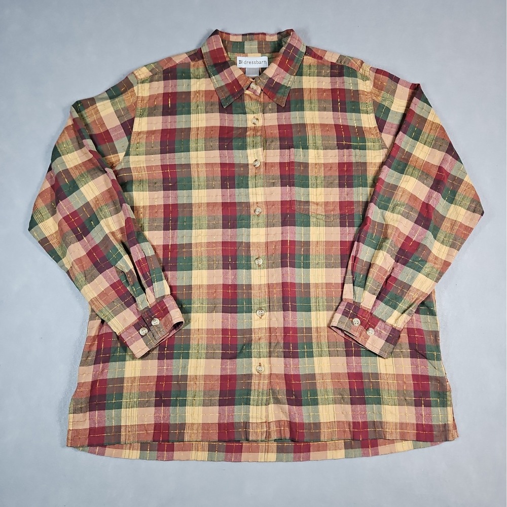 Dressbarn Womens Multicolor Plaid Button Up Long Sleeve Blouse Size Large